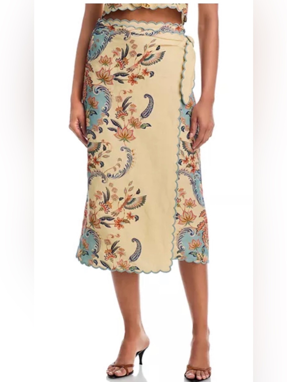 NWT FARM RIO Linen Butter Yellow Floral Boho Beauty Wrap Midi Skirt Sz S / 4